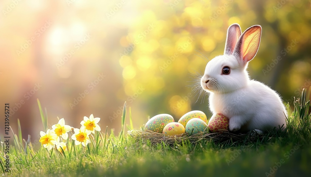 Fototapeta premium Adorable White Easter Bunny Nesting in Grass with Colorful Eggs, Daffodils, and Sunlight