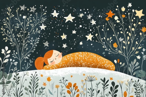 Whimsical Illustration of a Peaceful Girl Snuggled in Cozy Blanket Under a Starry Sky Surrounded by Delicate Flowers and Lush Greenery in Earthy Tones