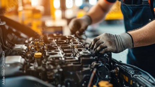 Close-up of car engine assembly with workers installing parts in an automotive factory.