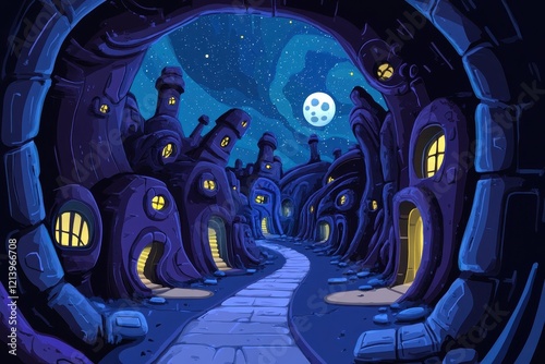Whimsical Nighttime Scene of a Surreal Pathway Through Uniquely Shaped Buildings Under a Starry Sky with a Bright Moon and Charming Windows