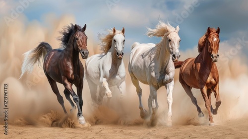 Four horses galloping, sand, dust, clouds, freedom, poster