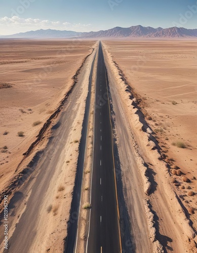 Aerial view of straight asphalt road cutting through barren desert under a cloudless sky, transportation, perspective, straight