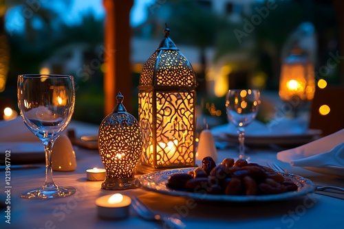 A Beautifully Set Table for Iftar Dinner Featuring Traditional Dishes photo