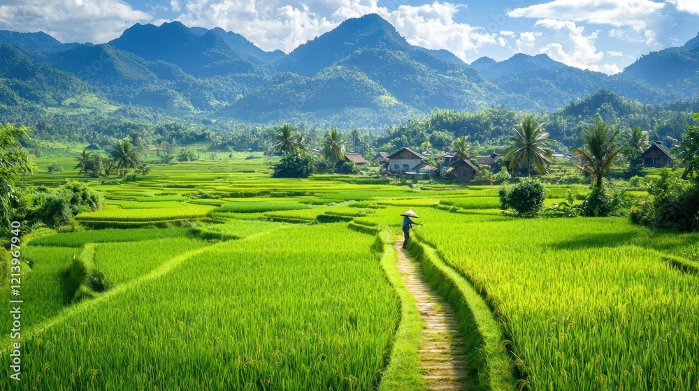 Fototapeta premium A traditional Asian organic farm with rice paddies and a farmer working in the fields, surrounded by mountains and greenery