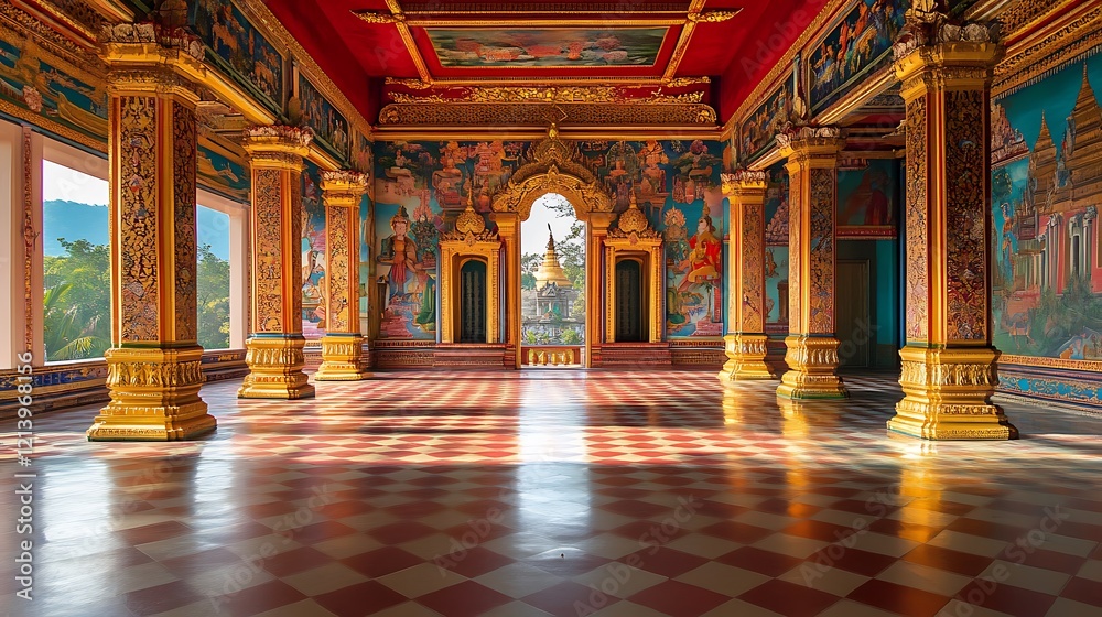 Obraz premium Thai temple hall with artistic patterns and colorful designs painted on the walls