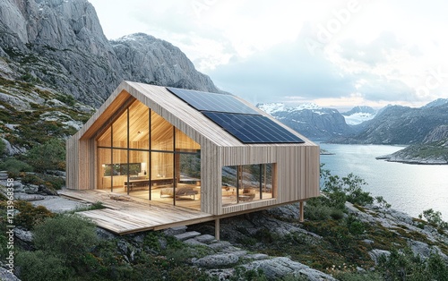 A sleek Scandinavian-style eco-house made of timber and glass, set in a mountainous landscape by the ocean, featuring solar panels and a serene environment photo