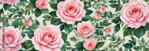 Delicate watercolor pink roses and green leaves seamless pattern, botanical, feminine, nature