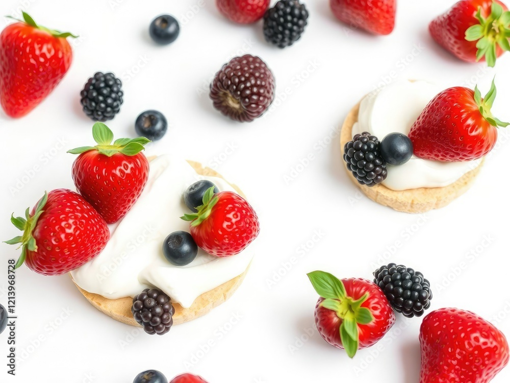 Fresh berries and cream dessert artfully arranged on a clean white surface, dessert, cream Fresh berries and cream dessert artfully arranged on a clean white surface, dessert, cream