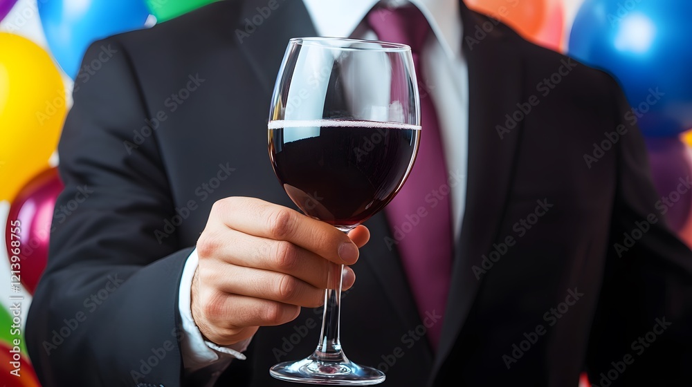 A close-up of hands raising a glass to toast success in a corporate setting with balloons in the background A close-up of hands raising a glass to toast success in a corporate setting with balloons in the background