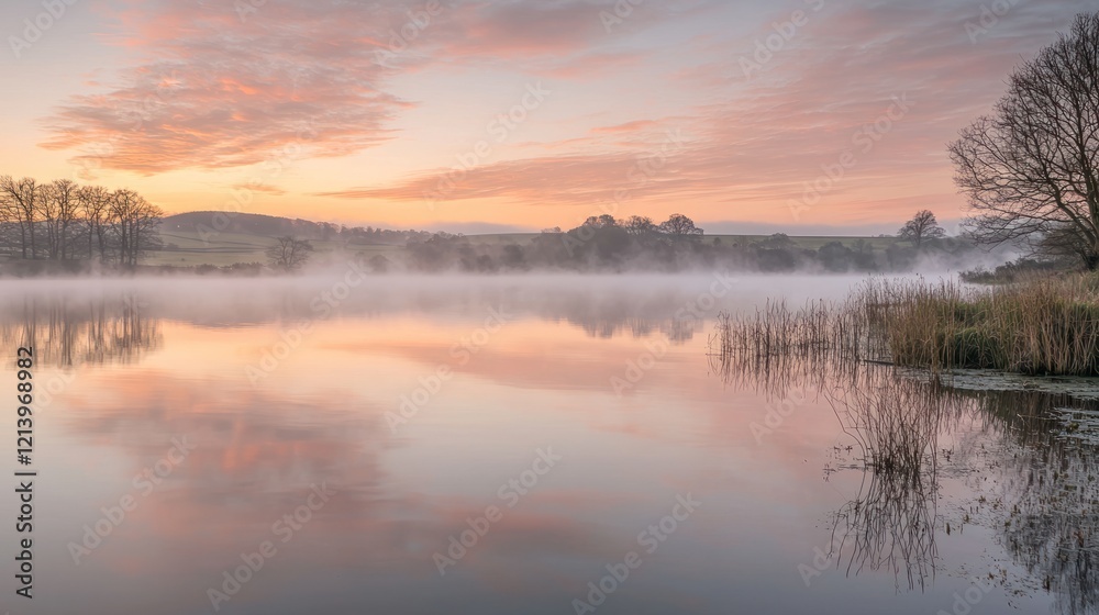 A tranquil lake at sunrise, with mist rising from the water and the sky painted in soft pink and orange hues A tranquil lake at sunrise, with mist rising from the water and the sky painted in soft pink and orange hues