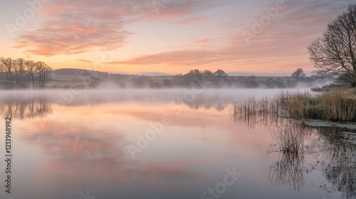 A tranquil lake at sunrise, with mist rising from the water and the sky painted in soft pink and orange hues