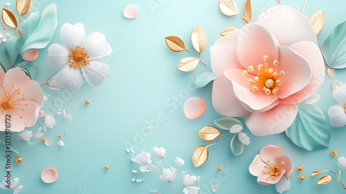 Delicate Paper Flowers Arrangement on a Pastel Background, A beautiful arrangement of delicate, 3D paper flowers and leaves in soft pinks, pastels, and golds against a light teal/mint background.