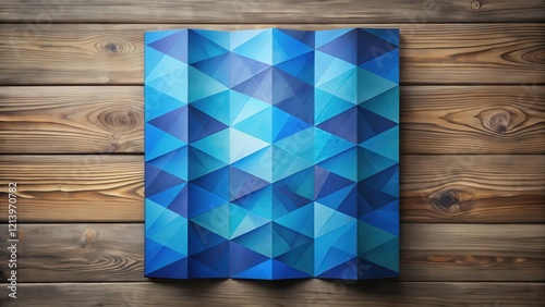 Colorful Blue Trifold Brochure Layout with Geometric Triangles on a Wooden Background