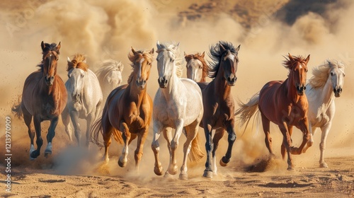 Wild horses gallop, desert dust storm, sunlit sand