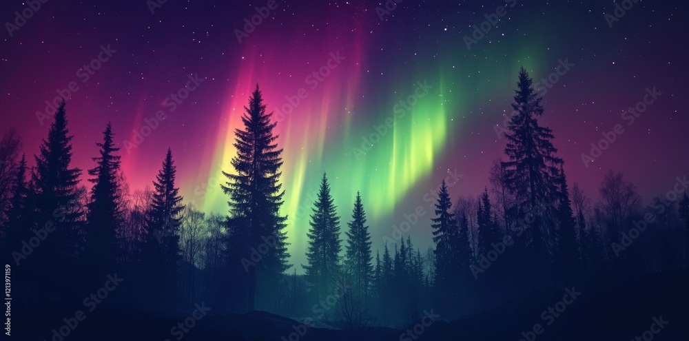 Bright colors swirl in the night sky as the Northern Lights illuminate the dense forest, casting a magical glow among the tall trees. Bright colors swirl in the night sky as the Northern Lights illuminate the dense forest, casting a magical glow among the tall trees.