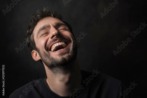 Portrait of a cheerful young man laughing with closed eyes and head tilted back, expressing happiness and joy on a dark background