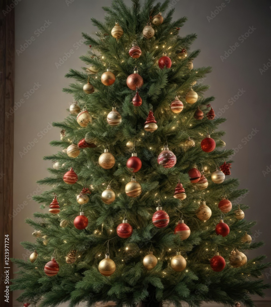 Full and lush pine Christmas tree with ornaments and lights, colorful pine tree, painted pine christmas tree Full and lush pine Christmas tree with ornaments and lights, colorful pine tree, painted pine christmas tree
