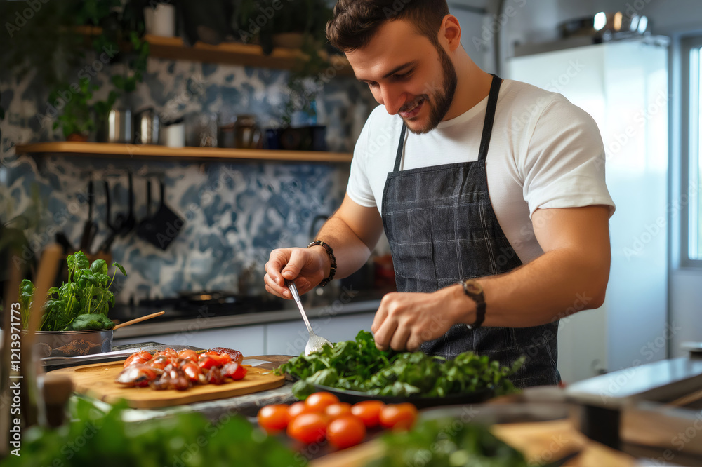 Smiling young chef skillfully preparing a vibrant, healthy salad with fresh tomatoes and fragrant basil in a sleek, modern kitchen Smiling young chef skillfully preparing a vibrant, healthy salad with fresh tomatoes and fragrant basil in a sleek, modern kitchen