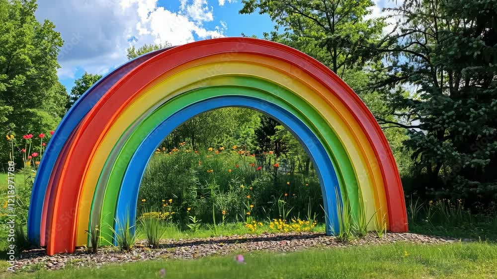 Bright and colorful rainbow arch enhances a serene garden landscape during a sunny day