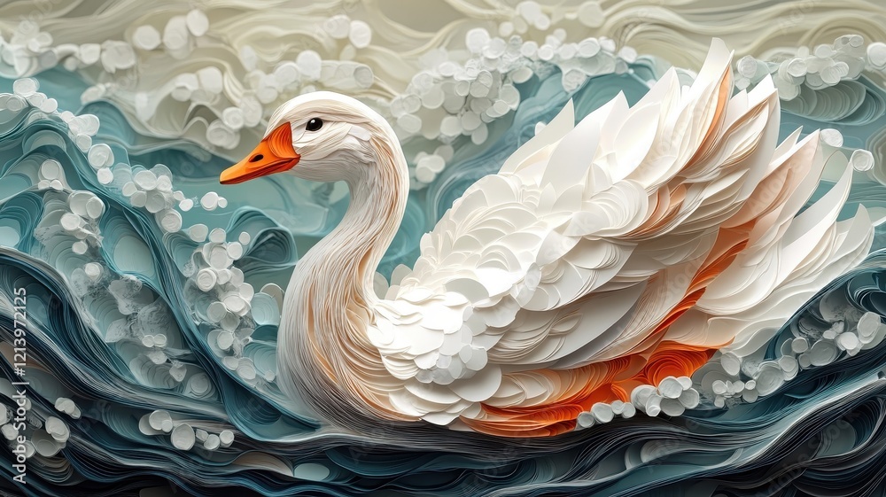 Fototapeta premium A goose illustrated in paper art style with layered textures and soft colors, creating a handcrafted feel.