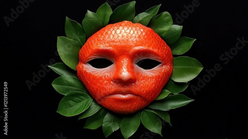 Orange Mask with Leaves: A surreal and evocative image featuring a human-like mask carved from an orange, surrounded by vibrant green leaves against a stark black background. photo