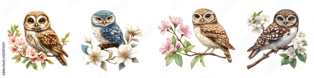 Fototapeta premium Illustrated owls perched on blooming branches with detailed feathers and pastel floral accents. Nature and wildlife concept on transparent background