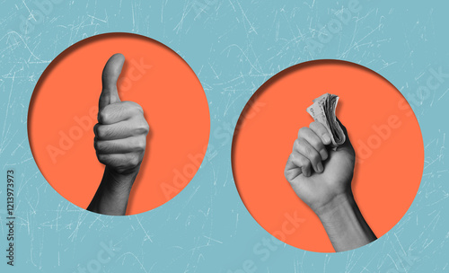 Modern art collage, hand holding a stack of money. Financial development and income increase.	Financial independence