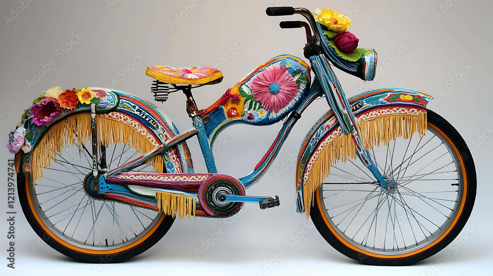 Fototapeta premium Retro hippie bike decorated with flowers and fringe