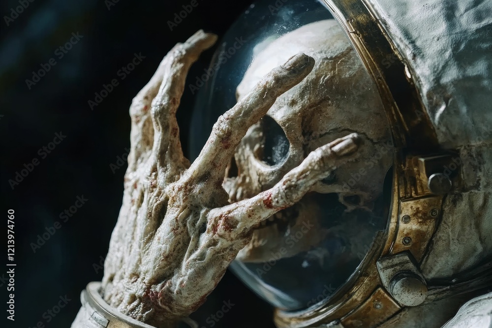 Skull in space suit with a hand raised. Skull in space suit with a hand raised.