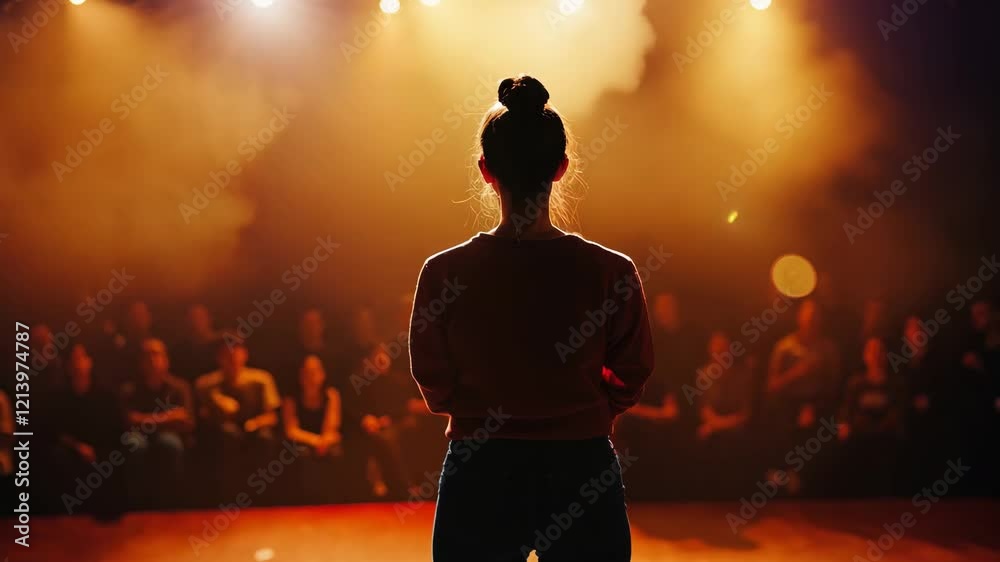 A captivating silhouette of a performer standing on stage under warm spotlight beams, with a blurred audience in the background, evoking themes of confidence, creativity, and public speaking