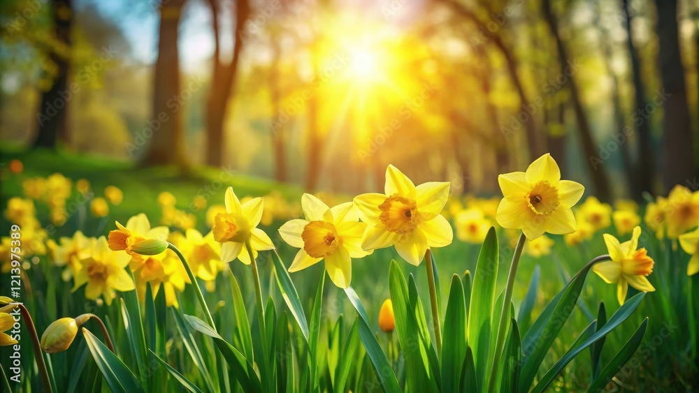 Obraz premium Yellow daffodil flowers blooming in a lush green field with warm sunlight filtering through the trees, creating a sense of serenity and new beginnings , daffodils, landscape