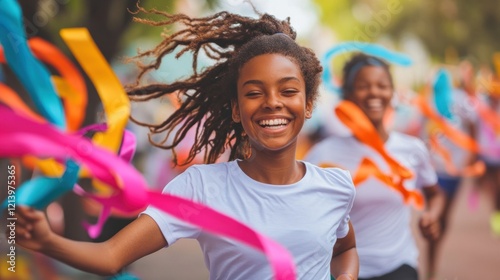 A joyful moment captured during a charity run, participants with ribbons on their shirts, vibrant colors and dynamic energy 