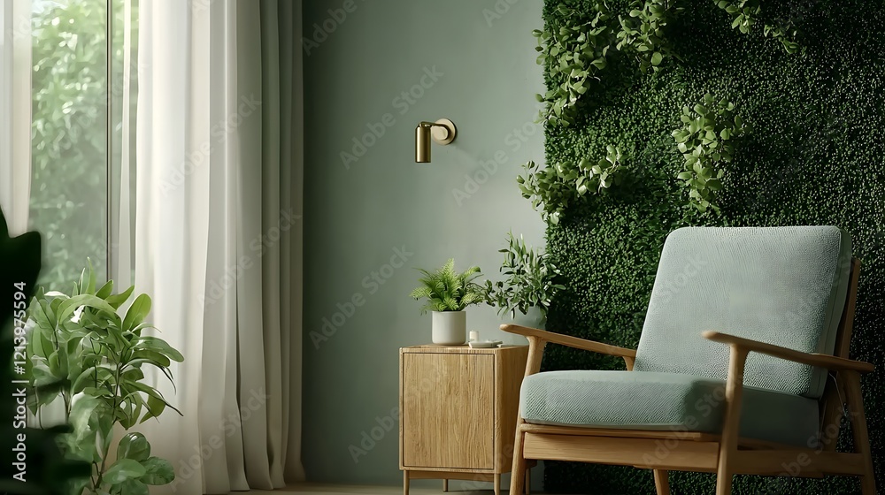 Fototapeta premium Cozy and modern minimalist living room interior design with large window lush green plants and natural decor elements creating a tranquil serene and refreshing ambiance