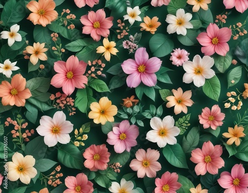 Wallpaper Mural Colorful floral pattern with delicate petals and green leaves, meadow, wildflowers Torontodigital.ca