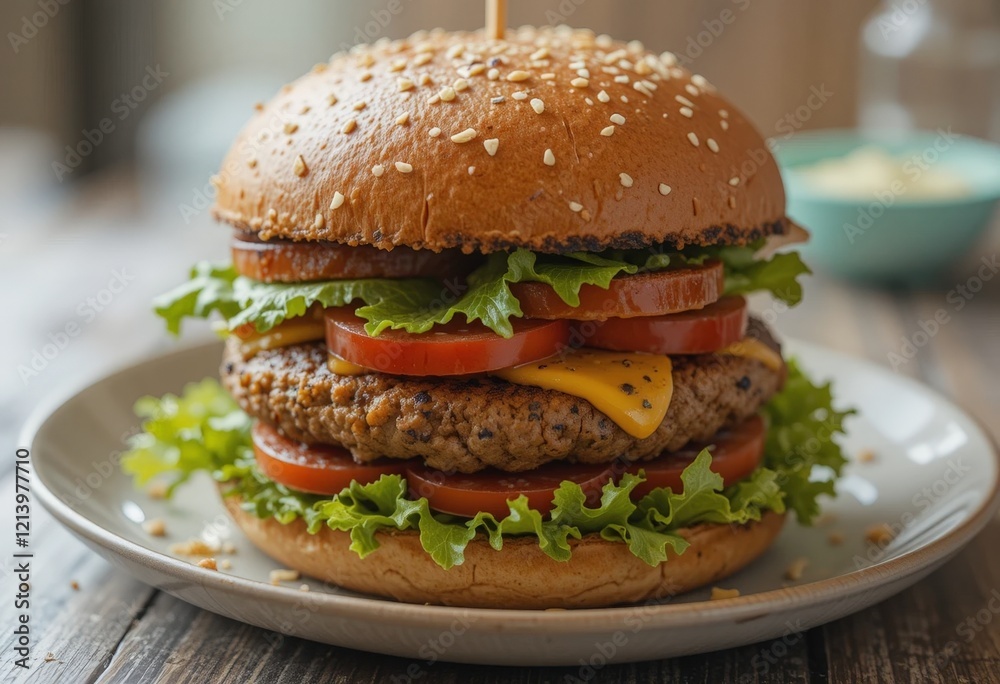 A delicious plant-based burger with a juicy patty made from plant ingredients, fresh vegetables, herbs and a toasted bun. An ideal choice for vegetarians and healthy eaters A delicious plant-based burger with a juicy patty made from plant ingredients, fresh vegetables, herbs and a toasted bun. An ideal choice for vegetarians and healthy eaters