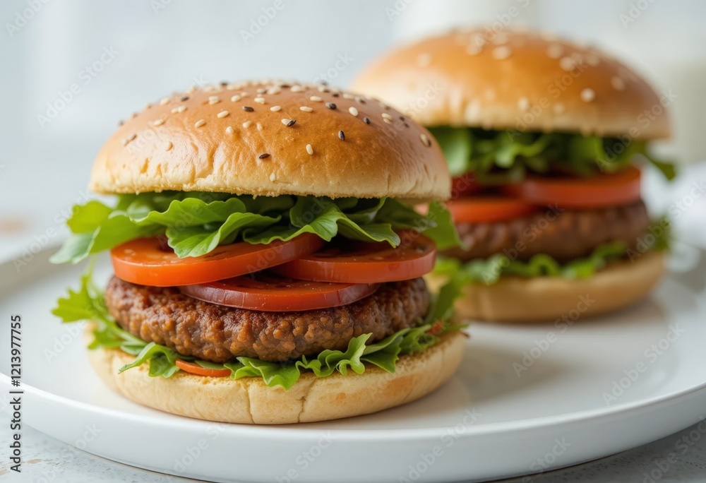 A delicious plant-based burger with a juicy patty made from plant ingredients, fresh vegetables, herbs and a toasted bun. An ideal choice for vegetarians and healthy eaters A delicious plant-based burger with a juicy patty made from plant ingredients, fresh vegetables, herbs and a toasted bun. An ideal choice for vegetarians and healthy eaters