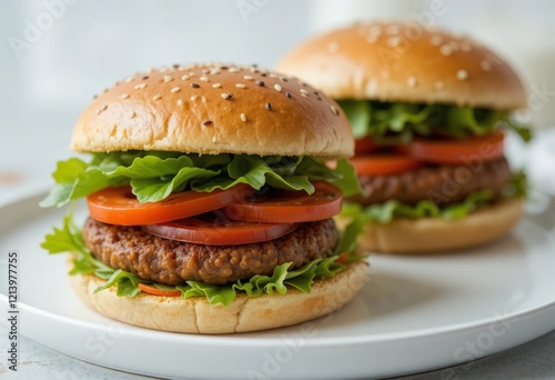 A delicious plant-based burger with a juicy patty made from plant ingredients, fresh vegetables, herbs and a toasted bun. An ideal choice for vegetarians and healthy eaters photo