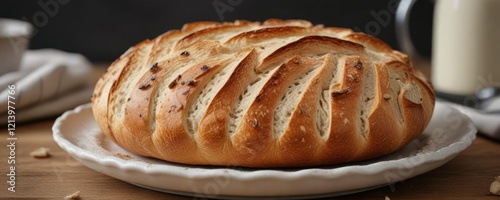 Crusty and crumby unbaked sourdough on a plate, unripe sourdough loaf, sourdough starter gone bad, raw bread photo