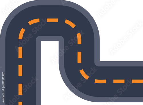 Winding road with dashed lines is making a sharp turn right and left on white background