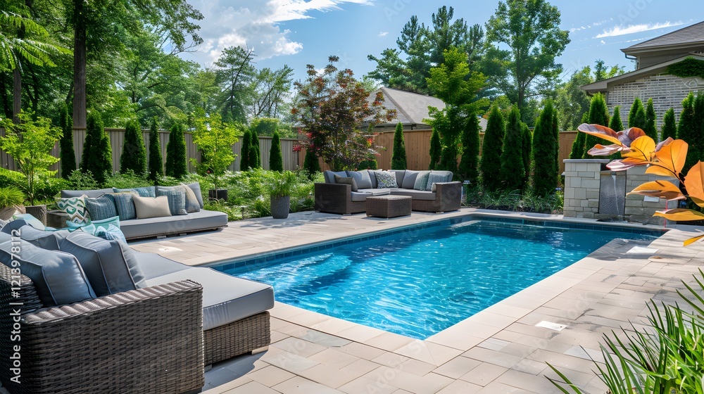 Fototapeta premium Backyard with a swimming pool and stylish patio furniture