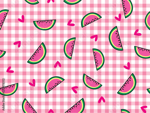 SLICED WATERMELON SEAMLESS PATTERN WITH HEARTS ON GINGHAM CHECK BACKGROUND ALL OVER PRINT VECTOR ILLUSTRATION