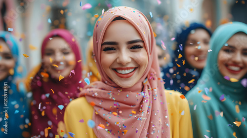 Joyful Celebration of Muslim Women in Colorful Hijabs with Falling Confetti.