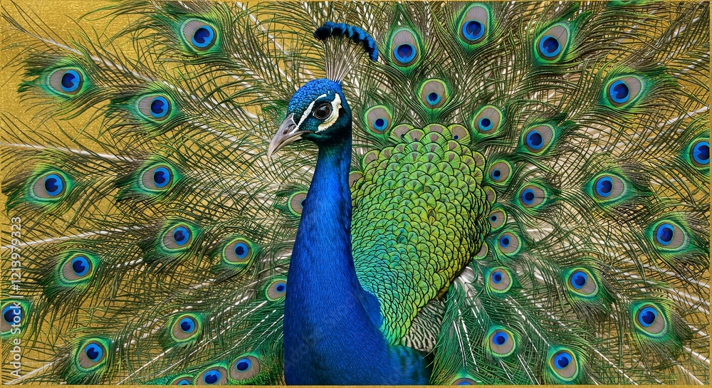 Obraz premium Vibrant peacock with fanned-out feathers on a golden background
