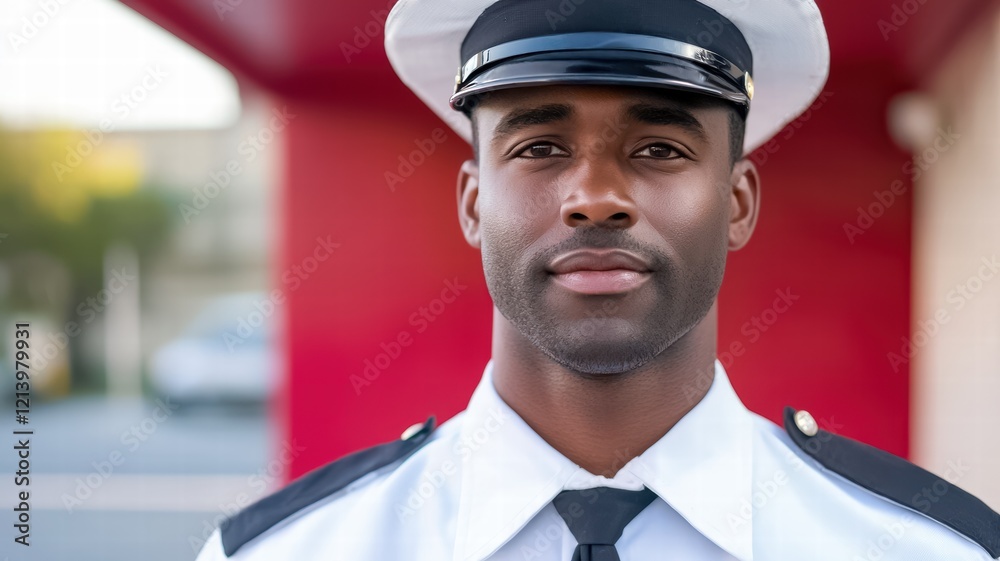A confident man police officer in uniform stands against a vibrant background, showcasing professionalism and dedication to public service. A confident man police officer in uniform stands against a vibrant background, showcasing professionalism and dedication to public service.