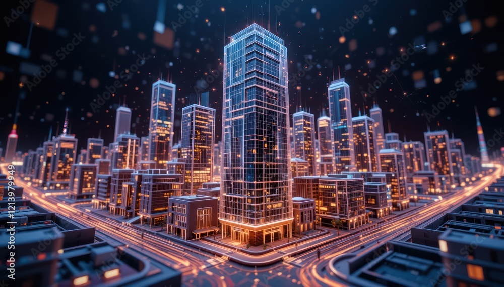 Fototapeta premium Futuristic cityscape at night with illuminated skyscrapers and city lights