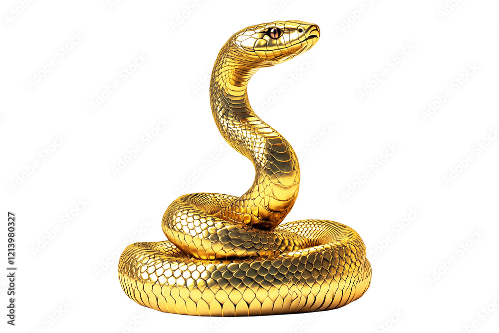 Coiled golden snake sculpture with detailed scales isolated on white transparent background, reptiles or wildlife, symbolizing Chinese Lunar New year Coiled golden snake sculpture with detailed scales isolated on white transparent background, reptiles or wildlife, symbolizing Chinese Lunar New year
