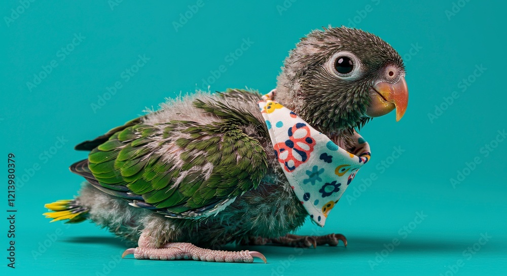 Fototapeta premium Cute baby parrot wearing a colorful bandana on a teal background