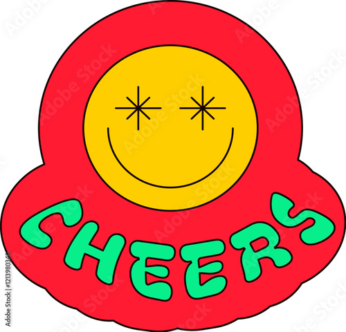 Funny yellow emoji with shiny eyes on red. New Year velcro for sticker pack or gift card in old style of 2000. Cartoon Y2K retro sticker on white background