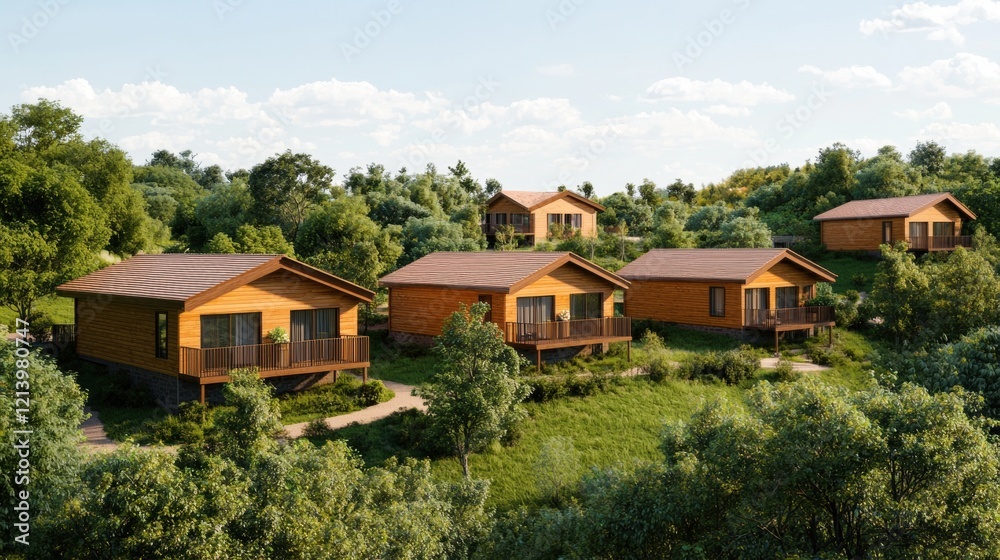 Secluded rustic wooden cabins nestled amidst vibrant lush greenery offering tranquil escapes Secluded rustic wooden cabins nestled amidst vibrant lush greenery offering tranquil escapes