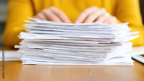 A person's hands are shown typing above a large stack of documents on a wooden desk, emphasizing a busy work environment.